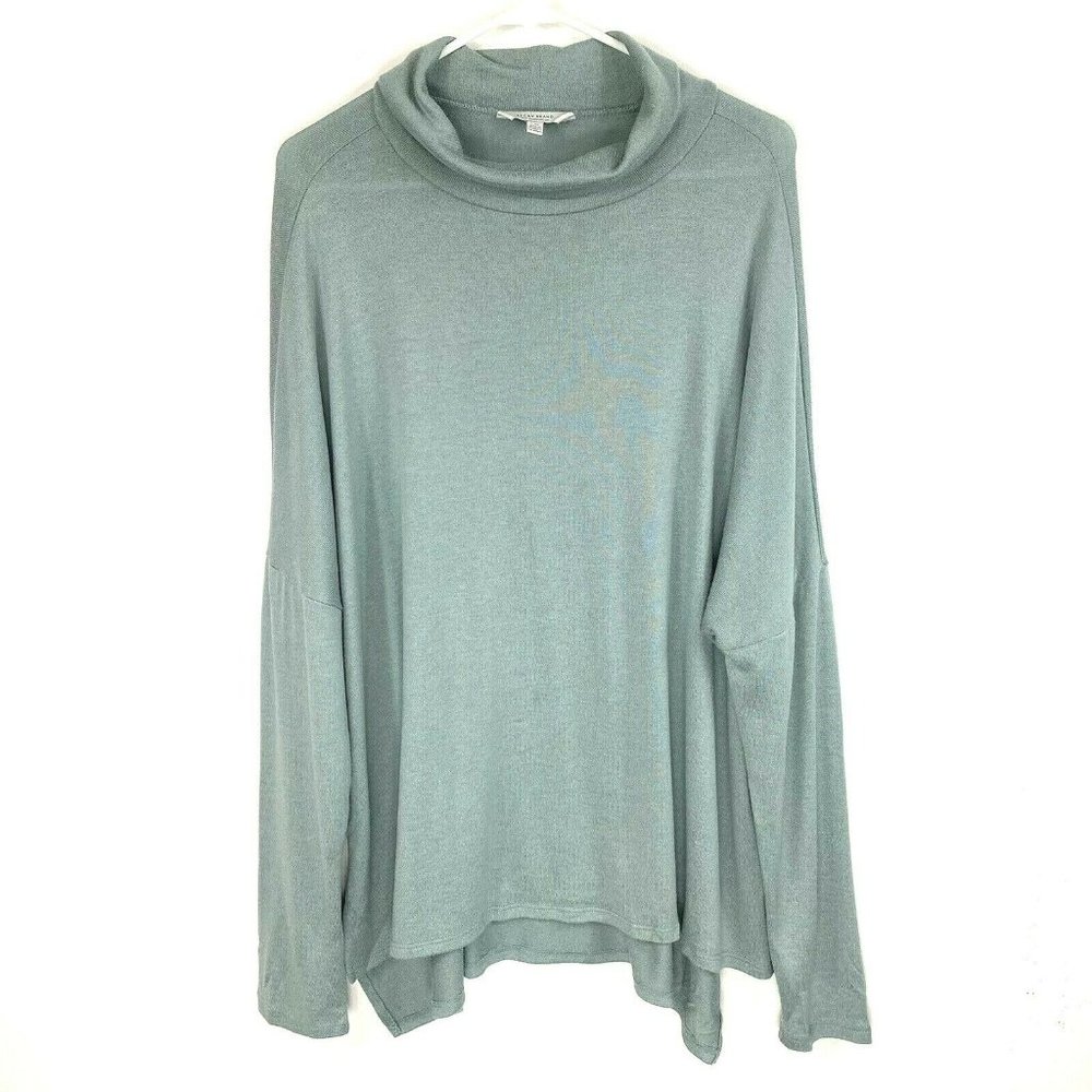 Lucky Brand Sweater Size Large Blue Mock Neck Hi Low Hem Viscose Blend Long